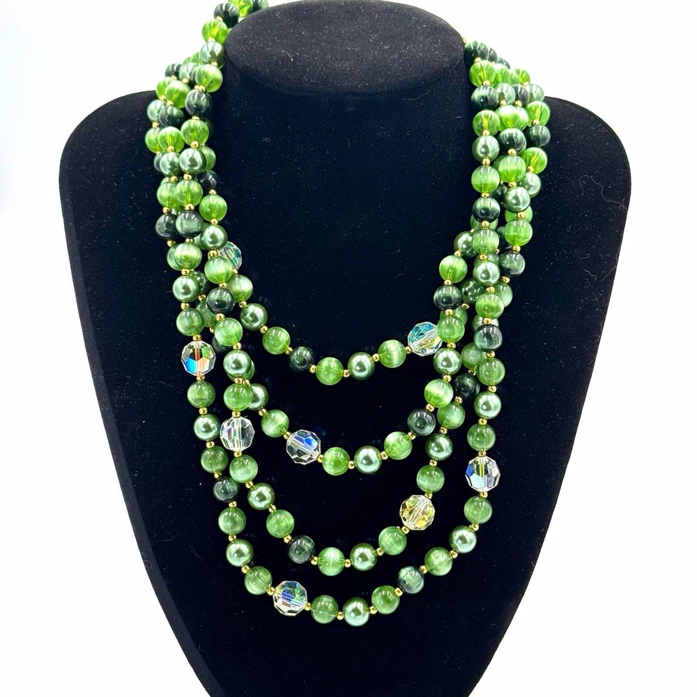 Vintage Lisner Signed Green Glass Beaded Layered Necklace w/ Crystal Beads